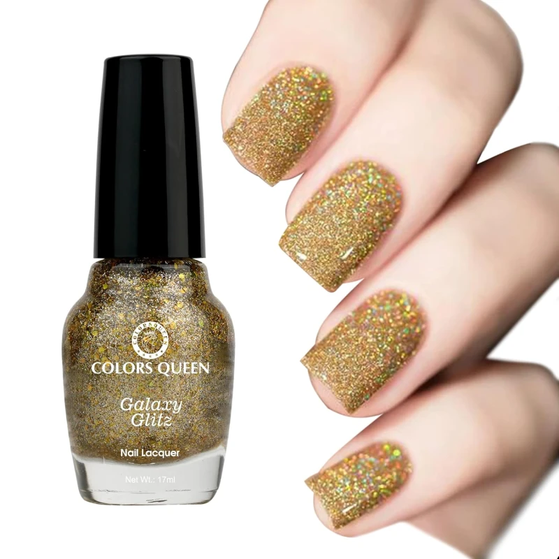 Colors Queen Galaxy Glitz Nail Lacquer | Glossy Nail Polish | Long Lasting | Chip Resisting Formula, Effortless Application | Vegan and Cruelty Free (116 - I See Gold, 17ml) - Thumbnail 2